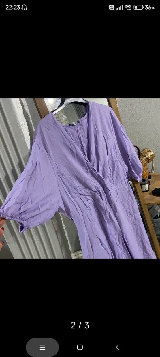 Lila V Yakalı Uzun Keten Elbise - Görsel 3