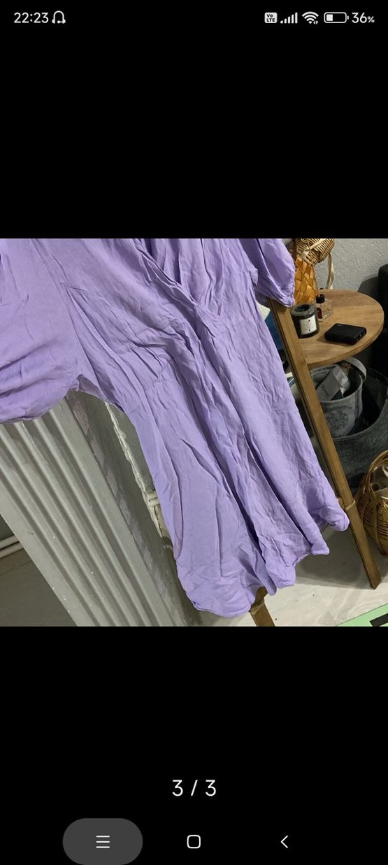 Lila V Yakalı Uzun Keten Elbise - Görsel 4