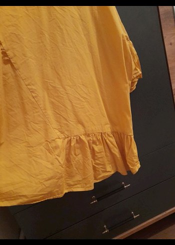 Sarı Keten Kadın Bluz, Kısa Kollu, Fırfırlı - Görsel 5