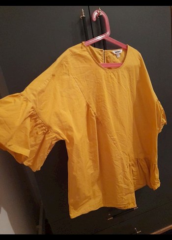 Sarı Keten Kadın Bluz, Kısa Kollu, Fırfırlı - Görsel 3