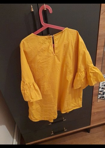 Sarı Keten Kadın Bluz, Kısa Kollu, Fırfırlı - Görsel 6