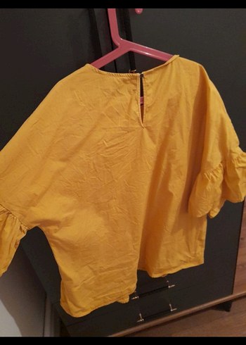 Sarı Keten Kadın Bluz, Kısa Kollu, Fırfırlı - Görsel 7