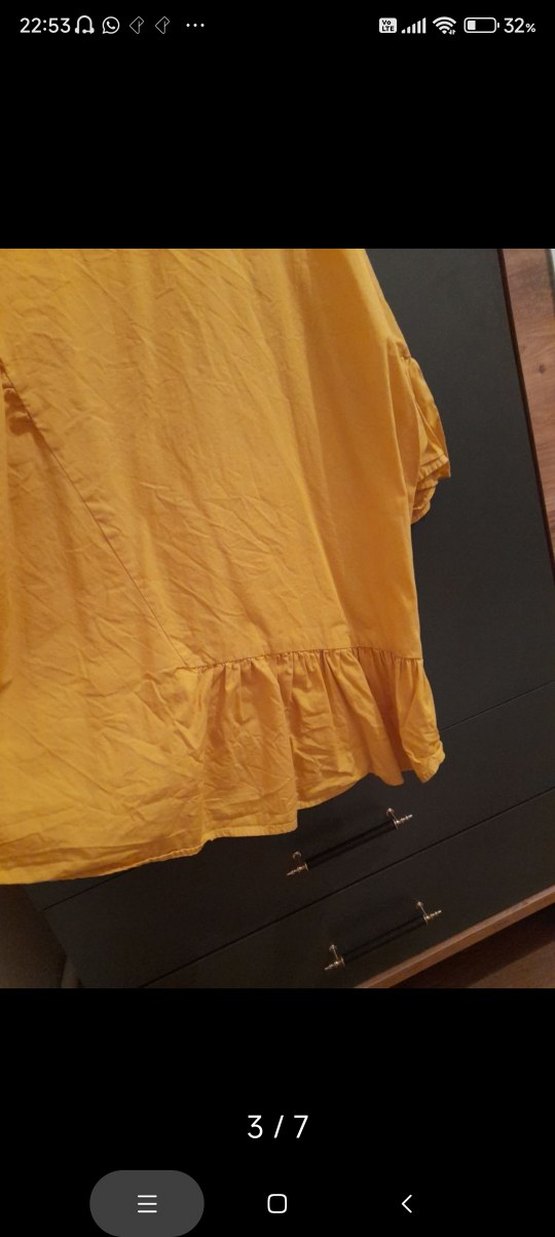 Sarı Keten Kadın Bluz, Kısa Kollu, Fırfırlı - Görsel 5