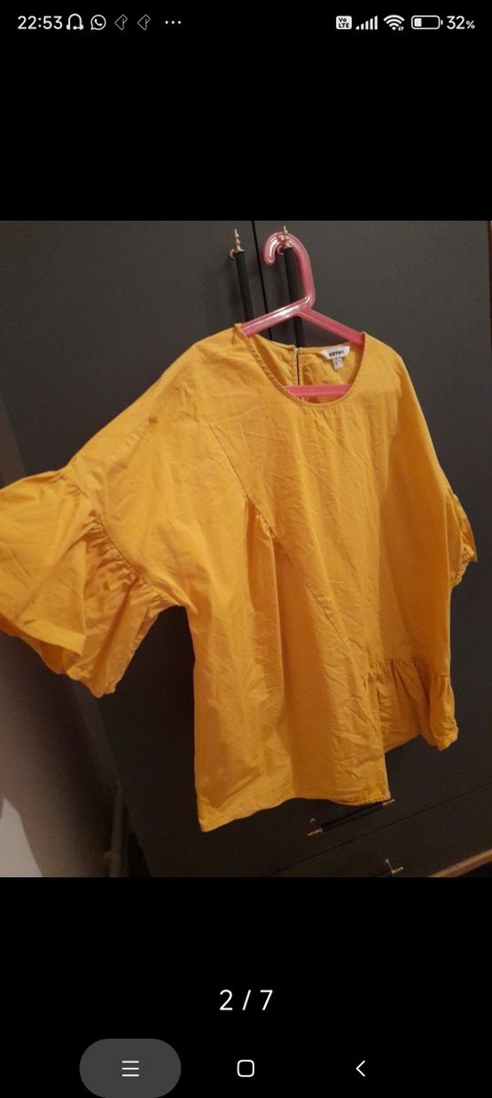 Sarı Keten Kadın Bluz, Kısa Kollu, Fırfırlı - Görsel 3