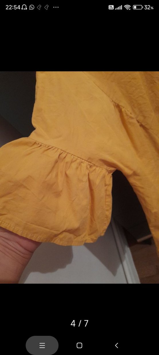 Sarı Keten Kadın Bluz, Kısa Kollu, Fırfırlı - Görsel 4