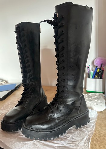 Kadın Siyah Deri Gotik Platform Topuklu Çizme - Görsel 2