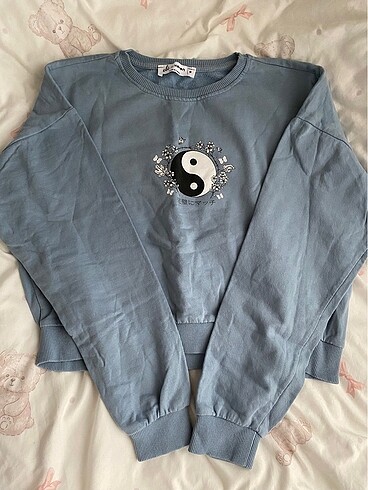 Koton YingYang Baskılı Bebek Mavisi Crop Sweatshirt