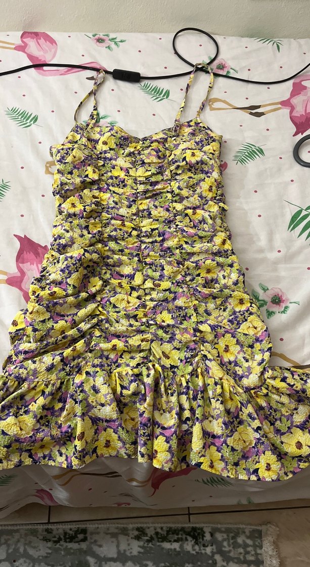 Sarı Çiçekli Fırfırlı Mini Elbise - Görsel 2