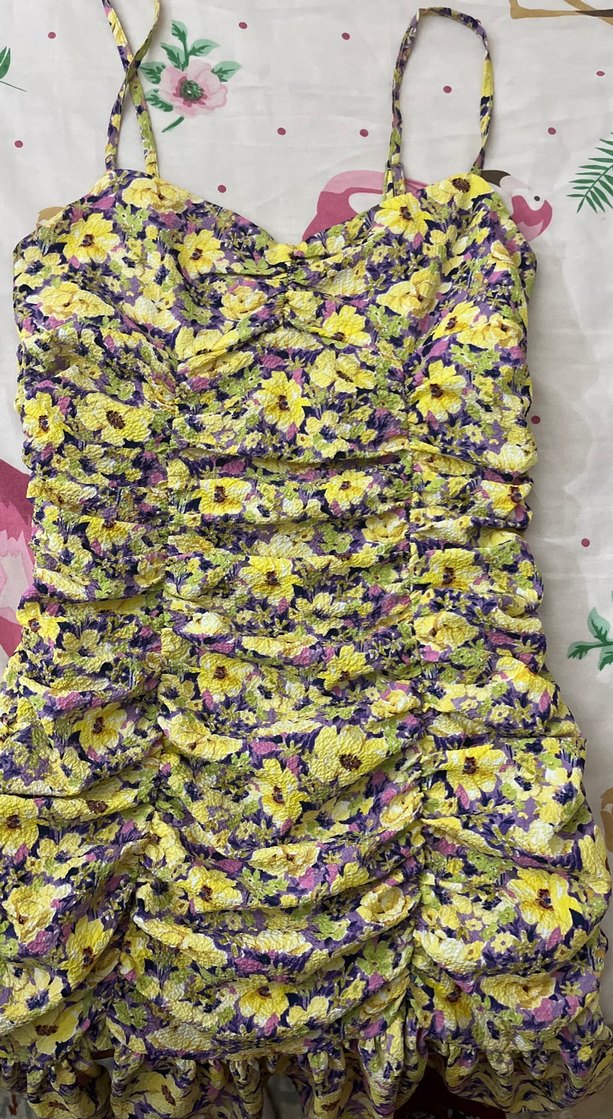 Sarı Çiçekli Fırfırlı Mini Elbise - Görsel 4