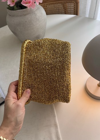 Altın Rengi Örgü Kadın Portföy Çanta - Görsel 5