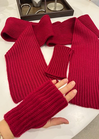 Bordo Örgü Kadın Atkı ve Eldiven Seti - Görsel 4