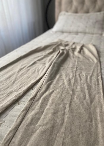 m Beden beyaz Renk Bej Kadın Keten Pilili Pantolon