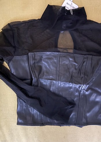 Siyah Deri Korse Detaylı Kadın Bluz - Görsel 3