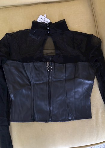 Siyah Deri Korse Detaylı Kadın Bluz - Görsel 4