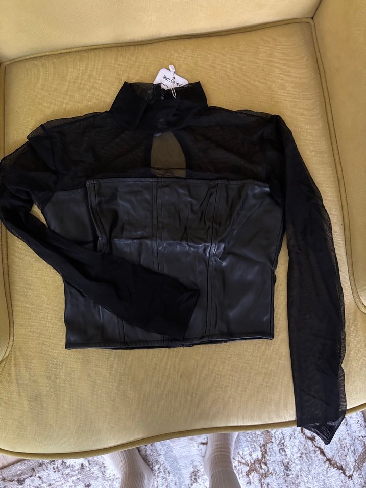 Siyah Deri Korse Detaylı Kadın Bluz - Görsel 2