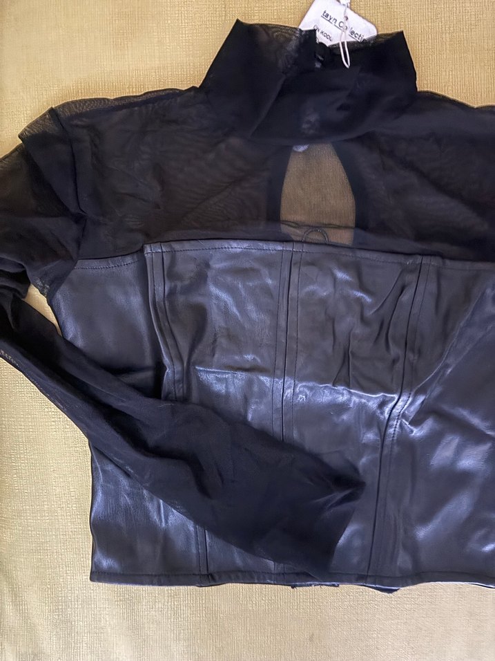 Siyah Deri Korse Detaylı Kadın Bluz - Görsel 3