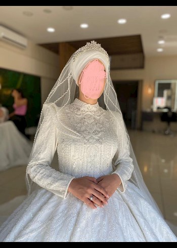 38 Beden Uzun Kollu Yüksek Yakalı Beyaz Prenses Gelinlik
