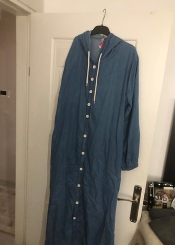 Düğmeli Mavi Denim uzun  Ceket - Görsel 3