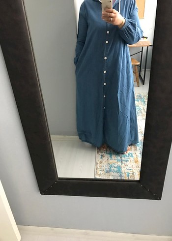 Düğmeli Mavi Denim uzun  Ceket - Görsel 4