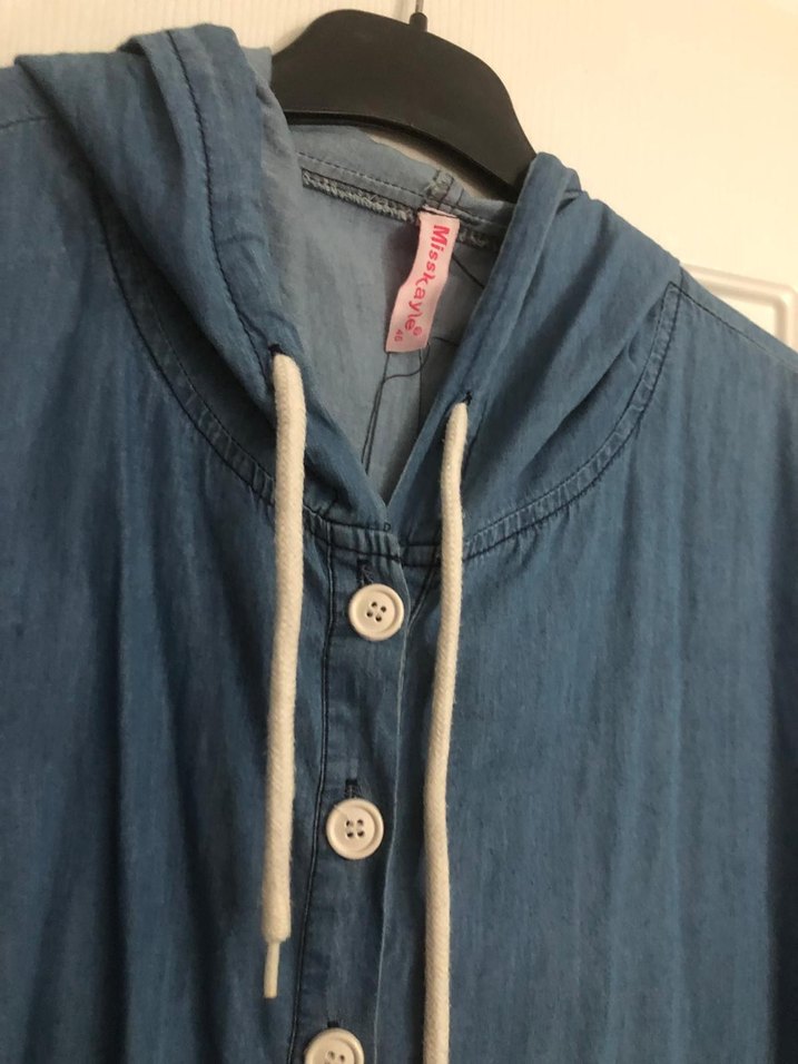 Düğmeli Mavi Denim uzun  Ceket - Görsel 5