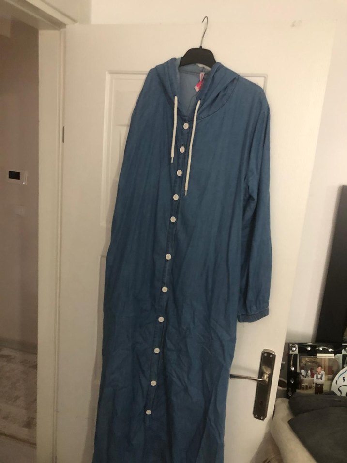 Düğmeli Mavi Denim uzun  Ceket - Görsel 3