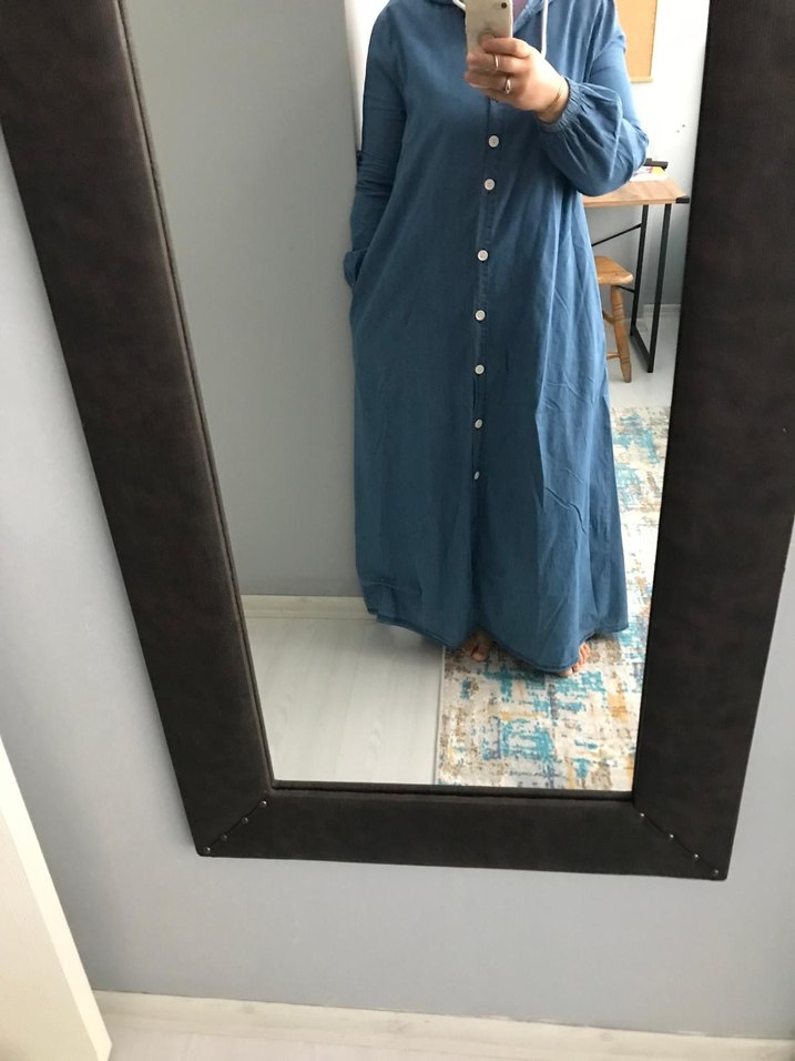 Düğmeli Mavi Denim uzun  Ceket - Görsel 4