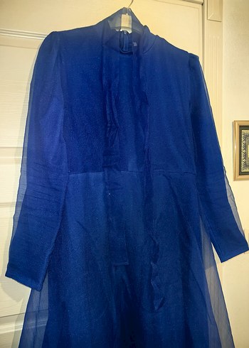 Uzun Kollu Mavi Saten Vintage Elbise - Görsel 4