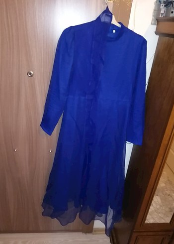 Uzun Kollu Mavi Saten Vintage Elbise - Görsel 3