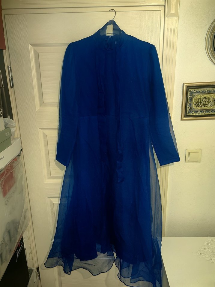 Uzun Kollu Mavi Saten Vintage Elbise - Görsel 2