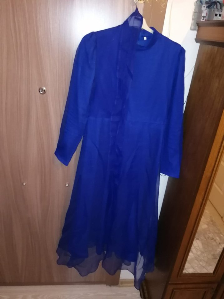 Uzun Kollu Mavi Saten Vintage Elbise - Görsel 3