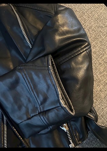 s Beden siyah Renk Kadın Siyah Deri Biker Ceket Kemerli