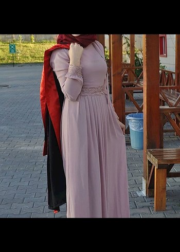 Pembe Yüksek Yakalı Uzun Abiye Elbise - Görsel 2