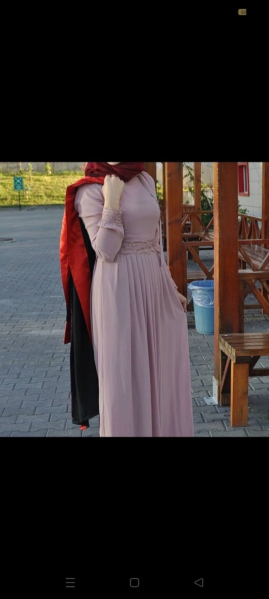 Pembe Yüksek Yakalı Uzun Abiye Elbise - Görsel 2