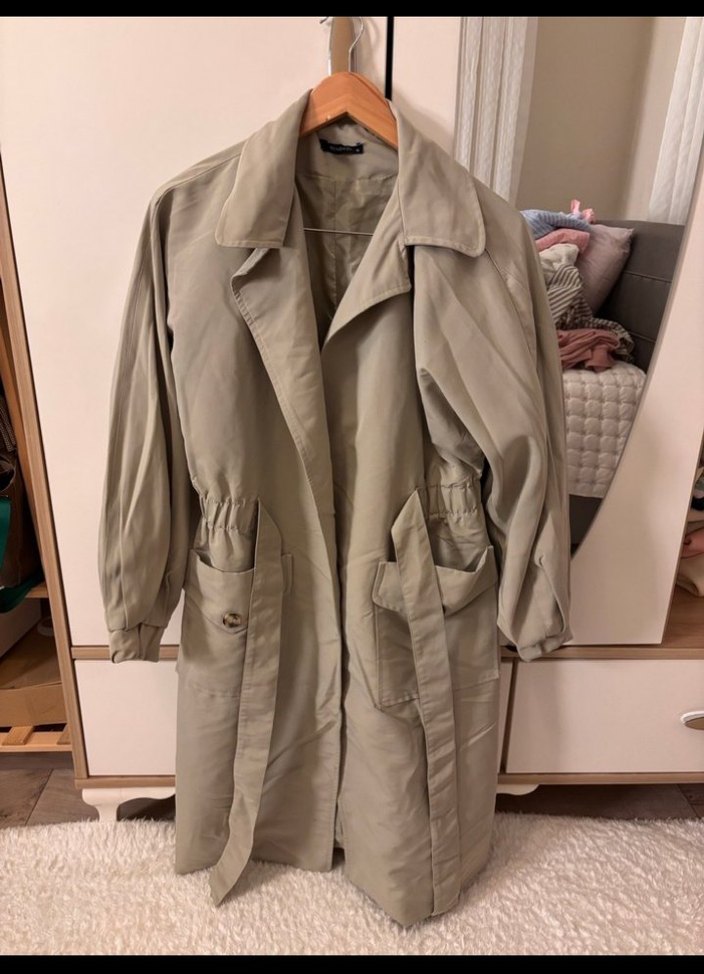 Kadın Bej Uzun Keten Trençkot - Görsel 4