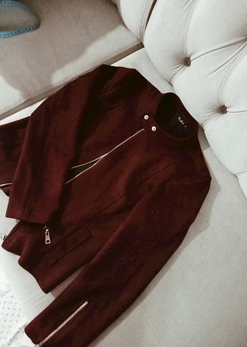 Bordo Süet Fermuarlı Kadın Ceket - Görsel 2