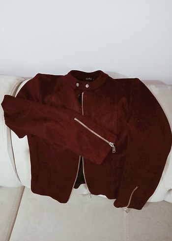 Bordo Süet Fermuarlı Kadın Ceket - Görsel 5