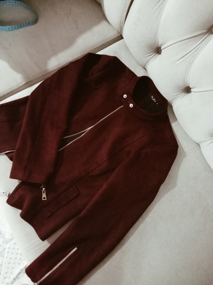 Bordo Süet Fermuarlı Kadın Ceket - Görsel 2