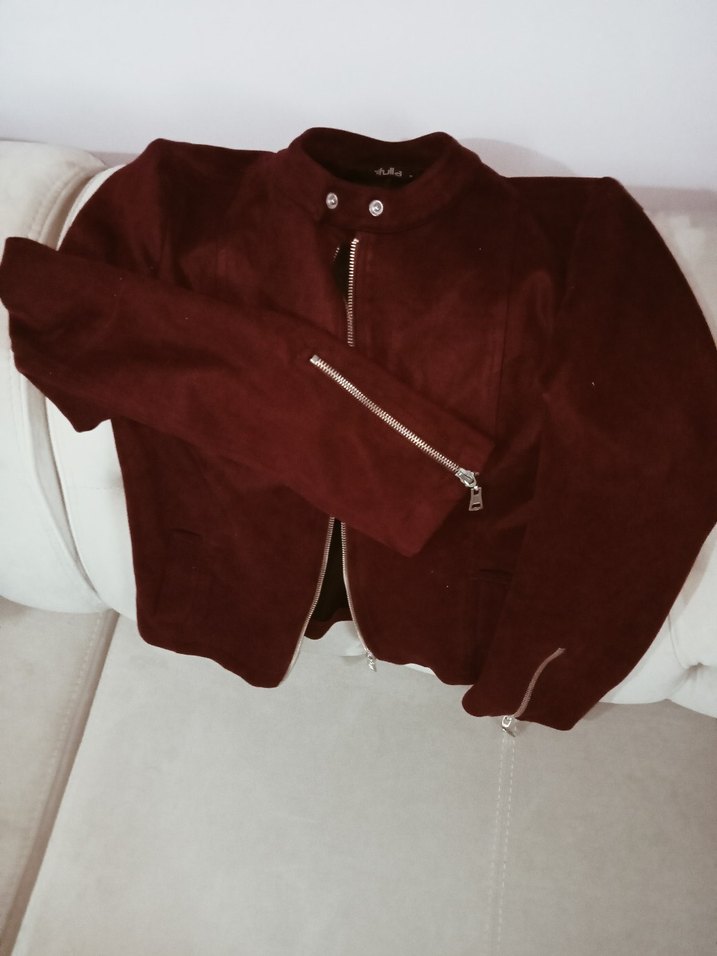 Bordo Süet Fermuarlı Kadın Ceket - Görsel 4