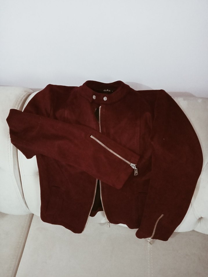 Bordo Süet Fermuarlı Kadın Ceket - Görsel 5
