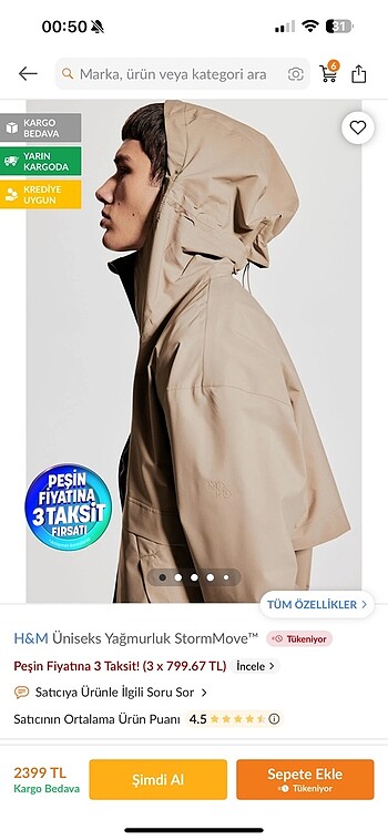 H&m unisex yagmurluk