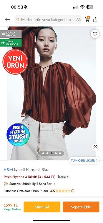 m Beden H&M lycoll karışımlı bluz