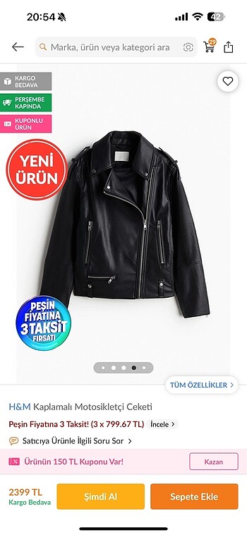 s Beden siyah Renk H&m kaplamalı motosikletci ceketi
