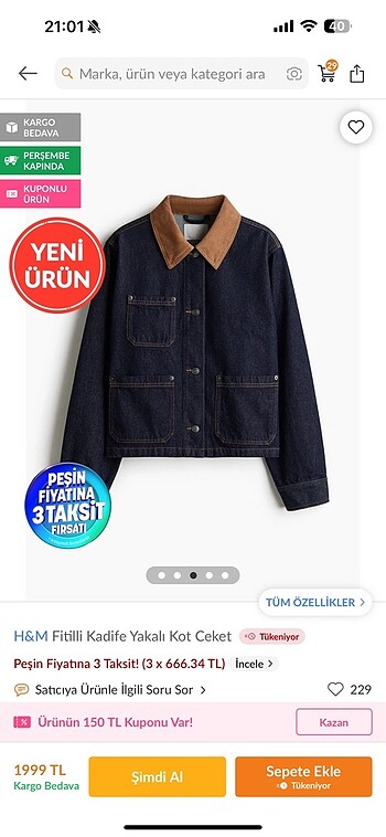 l Beden H&m fitilli kadife yakalı kot ceket