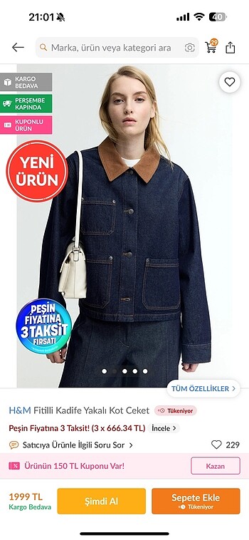H&M H&m fitilli kadife yakalı kot ceket