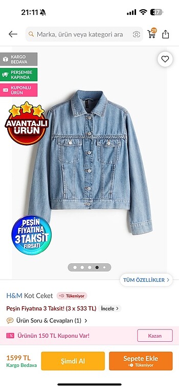 xl Beden mavi Renk H&m kot ceket