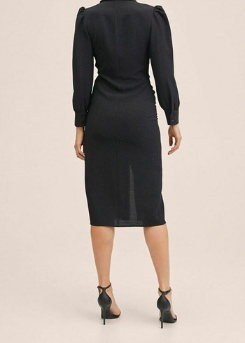 Mango Düğmeli Siyah Uzun Kollu Ofis Elbisesi slim kalem - Görsel 3
