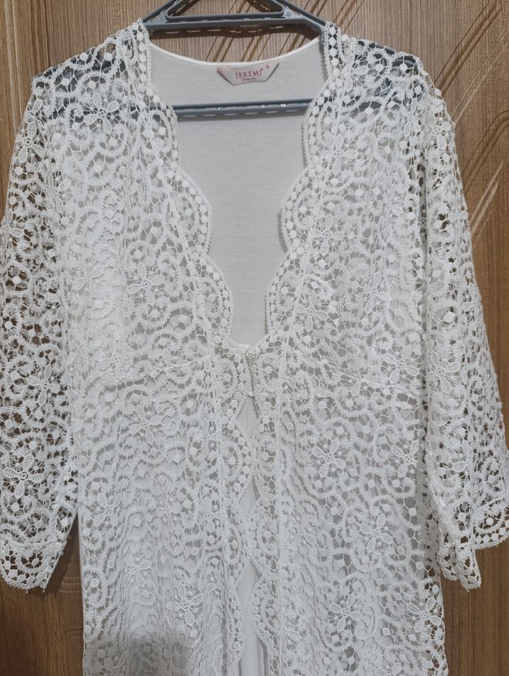 Kadın Beyaz Nakışlı Bohem Uzun sabahlık - Görsel 5