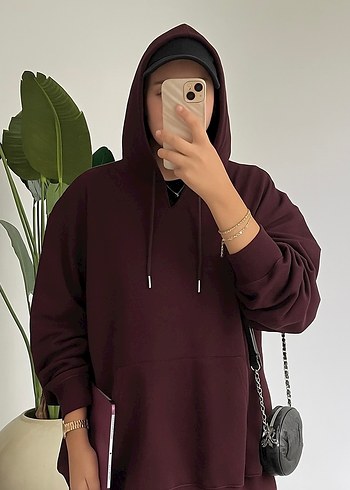 Bordo Kapüşonlu Oversize Kadın Sweatshirt