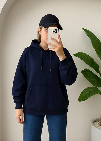 Lacivert Kapüşonlu Oversize Sweatshirt