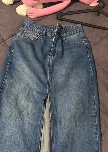 Düğmeli Yırtmaçlı Uzun Kot Etek - Görsel 3